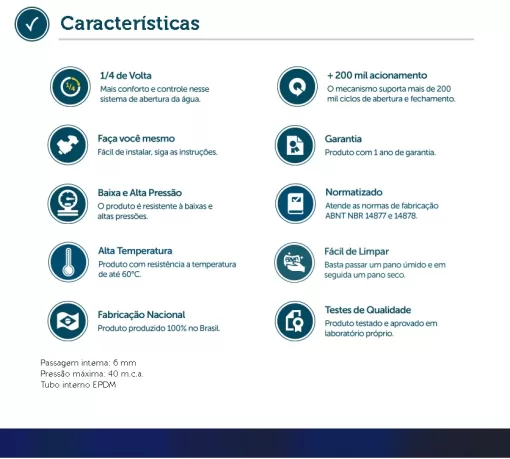 1/4 de Volta Cerâmico 200 Mil ciclos Proteção UV