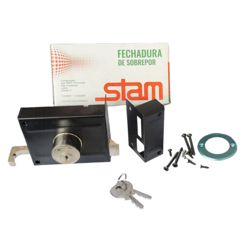 Procurando por segurança e estilo para o seu portão? Apresentamos a Fechadura Portão 701/100 Preto Fosco da renomada marca STAM com espelho inox.